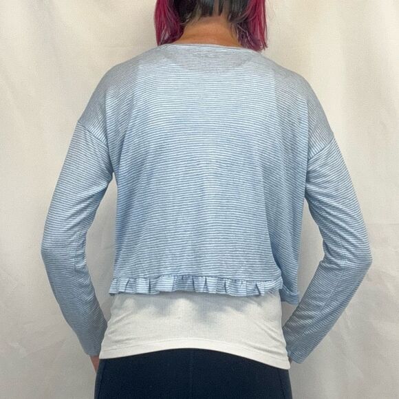 Women's LOFT Blue White Striped Crop Tee Ruffle Hem Long Sleeve M - Picture 2 of 13